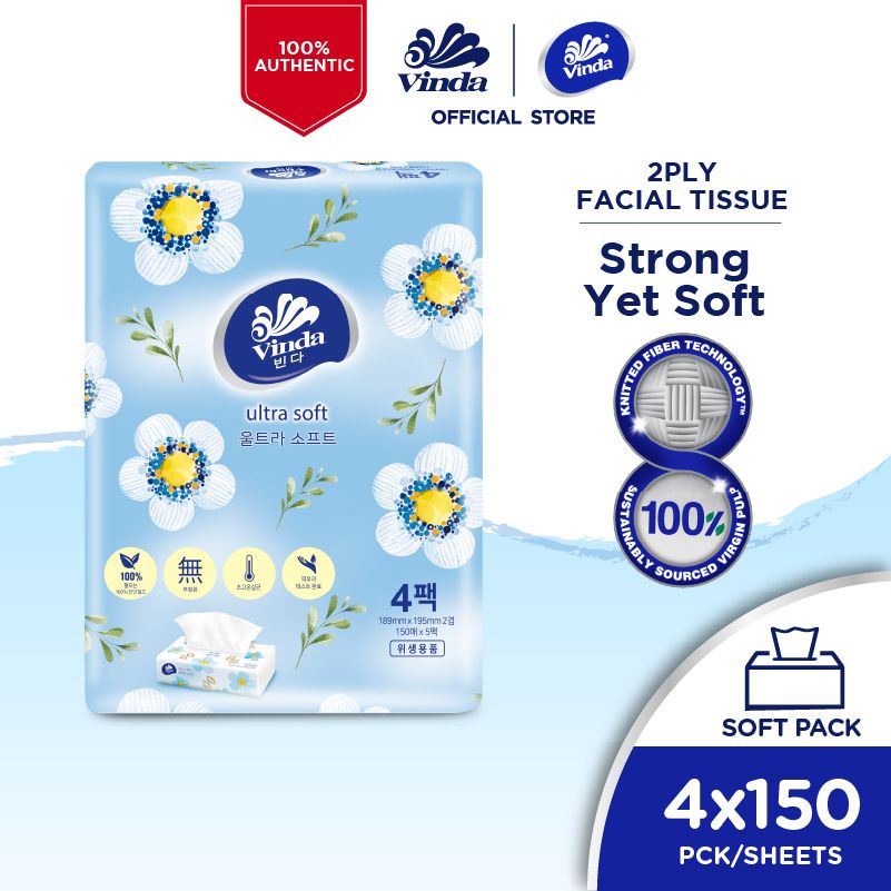 Vinda Ultra Soft Soft Pack Facial Tissue 2-ply (4x150s)