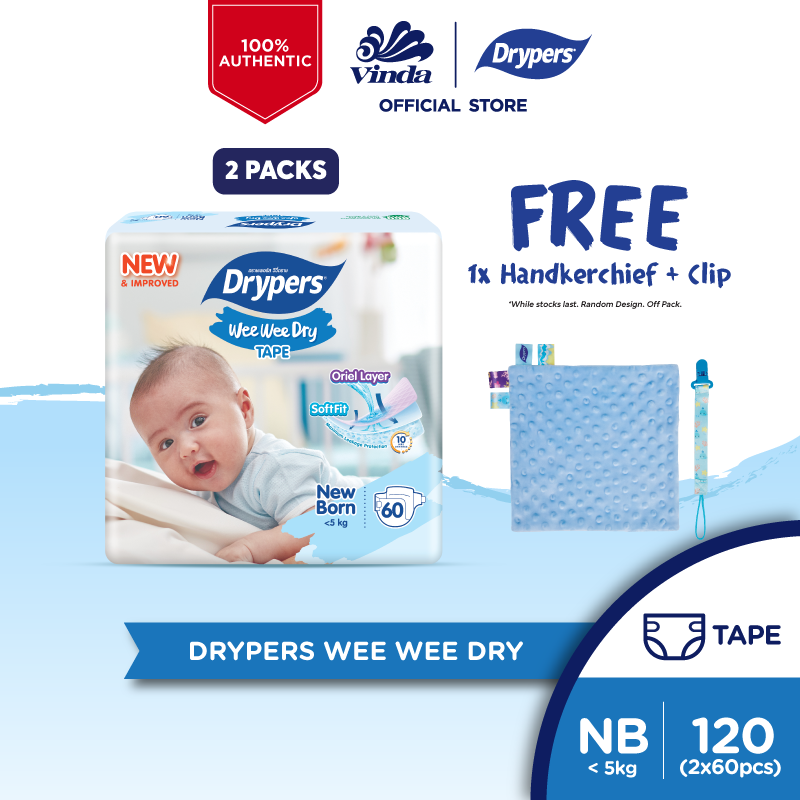 Drypers Wee Wee Dry NB (2x60s) FREE Handkerchief + Clip