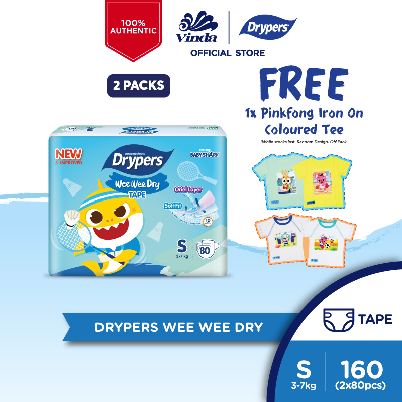 Drypers Wee Wee Dry Pink Fong Limited Edition S (2x80s) FREE Pink Fong Iron On Coloured Tee